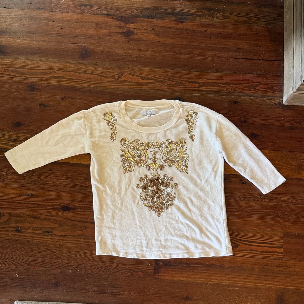Zara Cream Long-Sleeve Top with Gold Sequin Embellishment